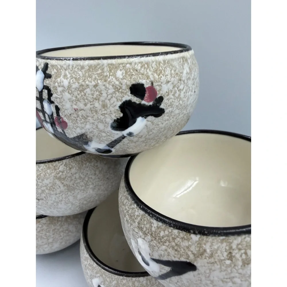 Set of 6 Hand Painted Ceramic Tea Cups Oatmeal Speckled Floral Asian Teaware